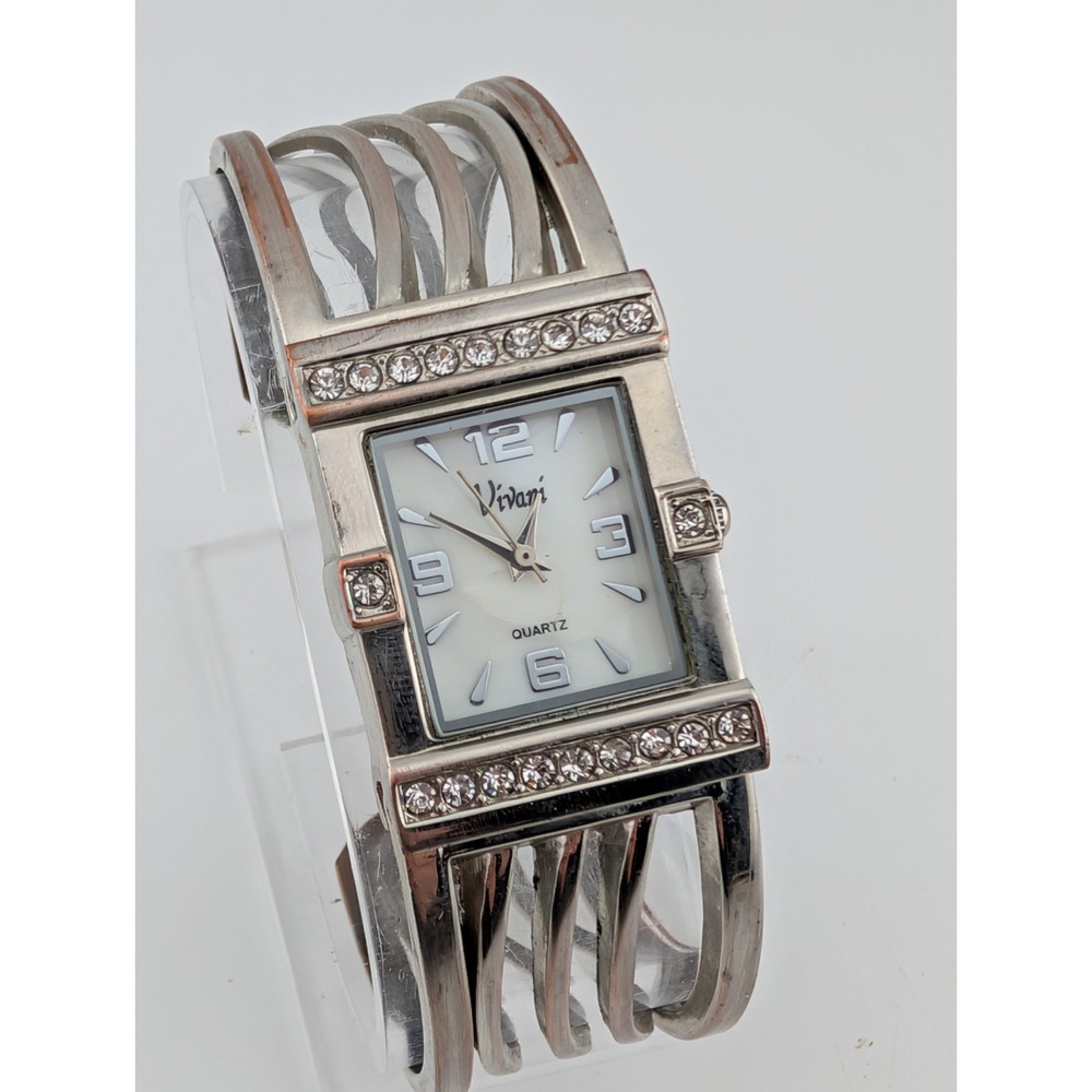 Vivani MOP Dial Watch 24mm Case‎ Silver Hinge Bangle Band- New Battery